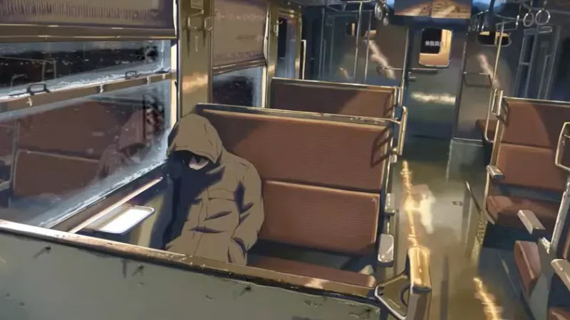 大雪でダイヤが乱れている電車のなかにいる貴樹