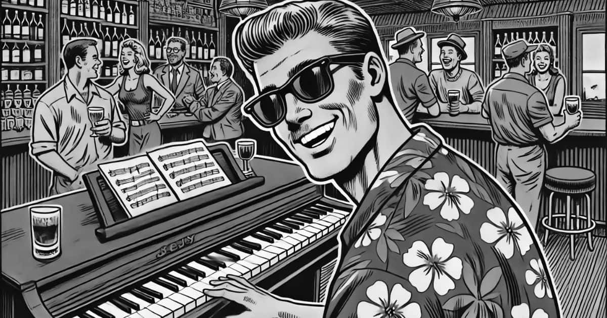 バーでピアノを弾いているグースのイラスト
