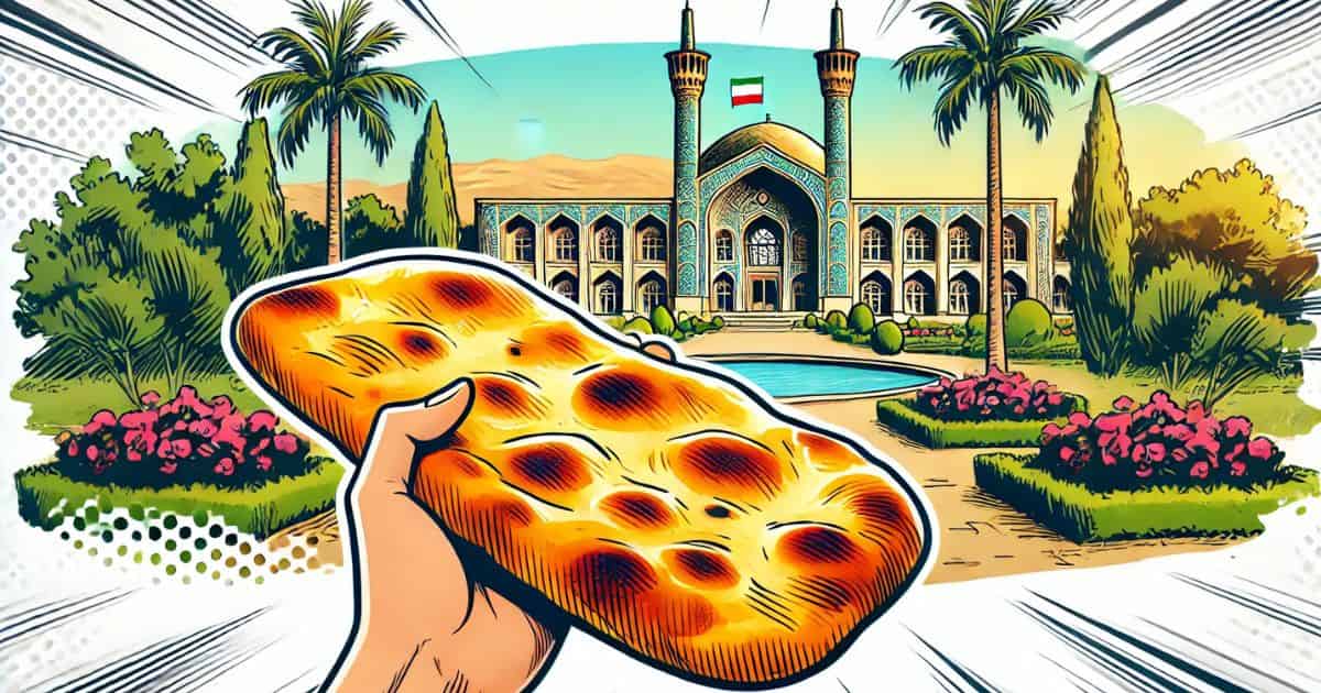 イランの伝統的なパン(ナン)と世界遺産エラム庭園のイラスト