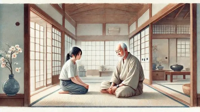 認知症の父と娘が向かい合って座っているところ