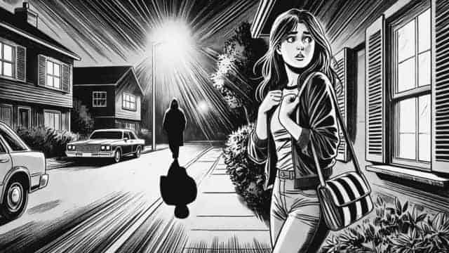 夜道を怪しい男につけられている女性