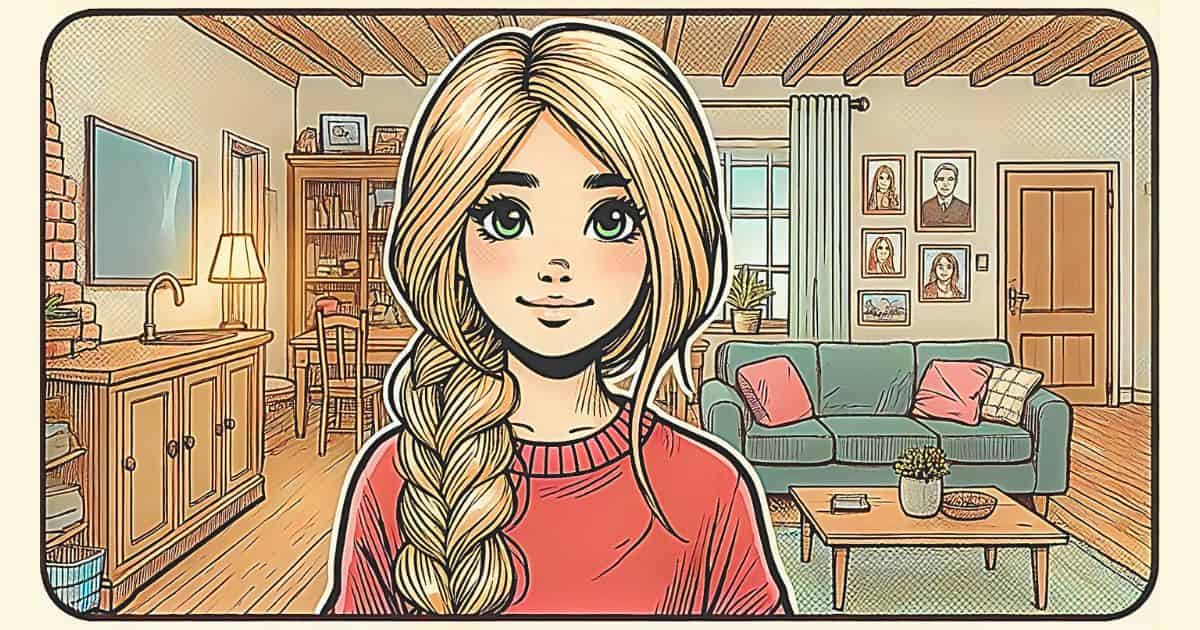 部屋に笑顔でいるアメリアのイメージイラスト