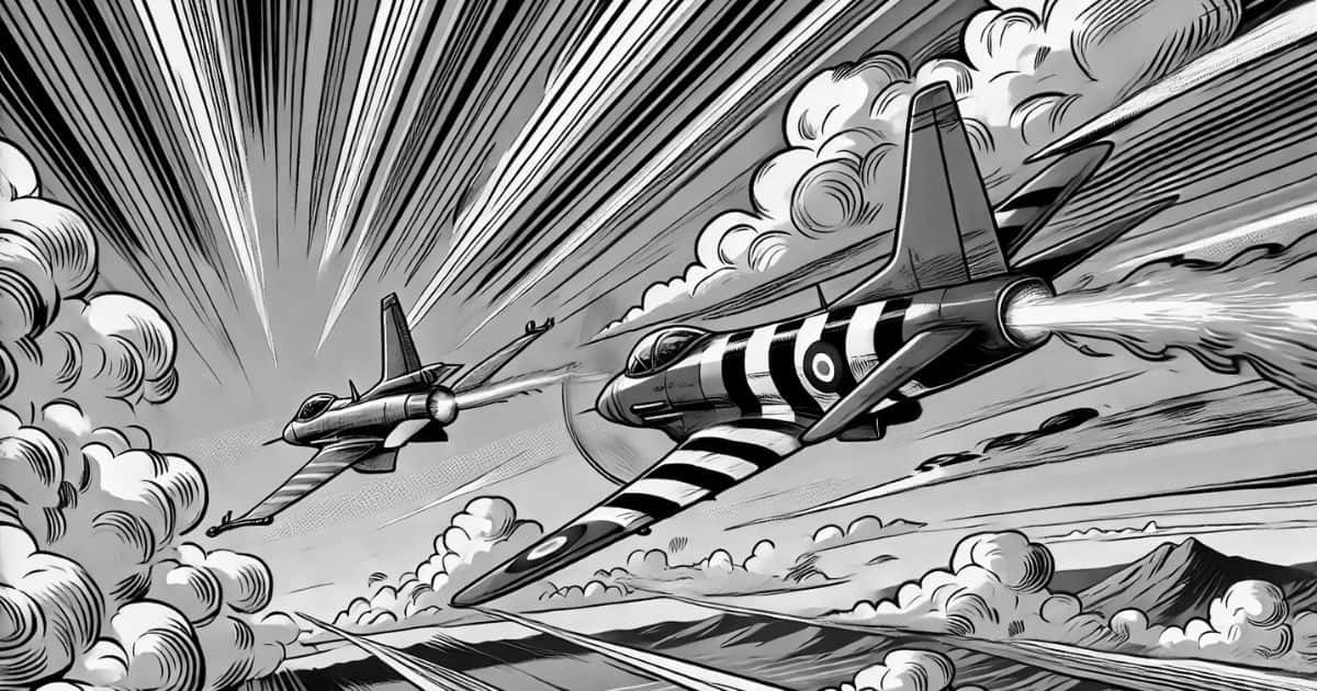 ドッグファイトをしている二機の戦闘機の様子のイラスト