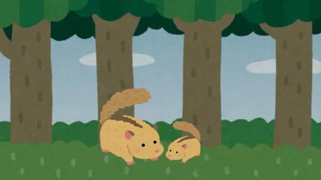 森にいるヤマネの親子